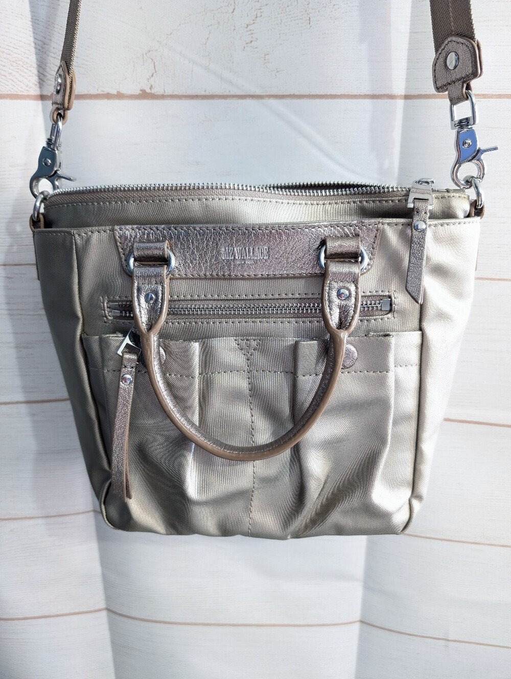 Nwot MZ Wallace Mayfair Bedford Mini Crosby In Champagne And Gold